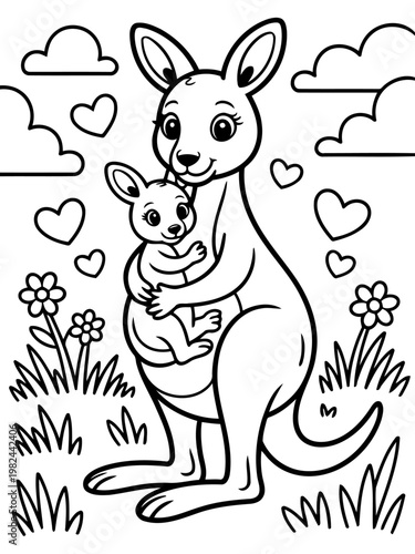 Kangaroo's love: An illustration depicting a Kangaroo and its baby. The warm embrace embodies tenderness and protection within a nurturing environment.