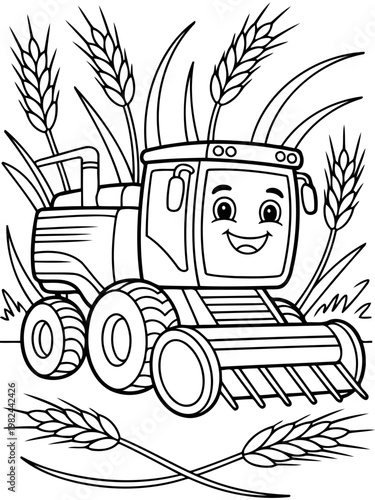 Smiling Harvester in the Field: A whimsical illustration depicts a cheerful, cartoon-style harvester amidst golden wheat stalks, ready for a day of work.