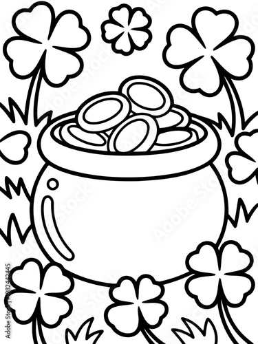 Pot of Gold and Clovers: A pot overflowing with gold coins nestled among four-leaf clovers, symbolizing luck and fortune. capturing the vibrant essence of St. Patrick's Day.