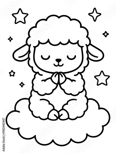Dreamy Sheep Meditating: A serene illustration of a cuddly sheep, deep in meditation, perched peacefully atop a fluffy cloud amidst twinkling stars. Evoking tranquility and inner peace.