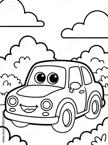 Happy Car in Nature: A cheerful cartoon car smiles warmly as it rolls in a whimsical nature setting, a delightful illustration of adventure and journey.