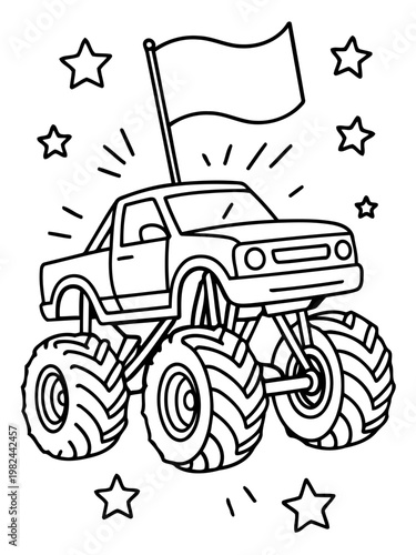 Monster Truck Adventure: An imposing monster truck adorned with a flag, radiating energy as it conquers an exciting journey through a fantasy world.