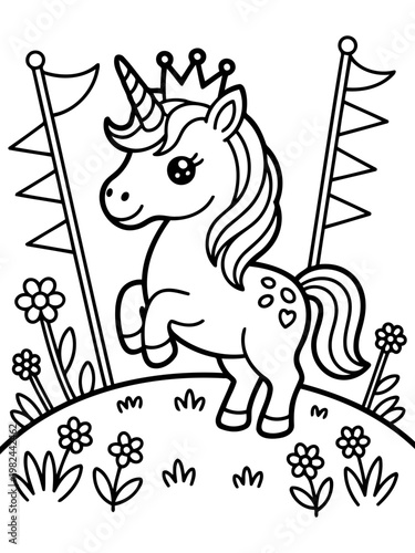 Magical Unicorn: An enchanting unicorn, adorned with a crown, playfully prances on a whimsical landscape, surrounded by charming flowers and flags.