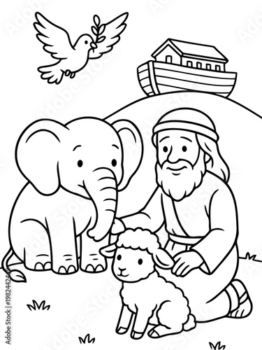 Noah's Ark and the Dove: A heartwarming black and white illustration depicts Noah, surrounded by a gentle lamb, an elephant, and a dove carrying an olive branch, symbolizing hope and peace.