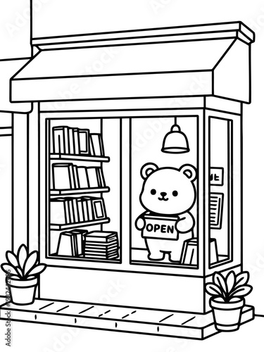 Bear Bookstore's Welcome: A charming cartoon bear stands at the window of a quaint bookstore, holding an open sign, beckoning readers to enter and explore.