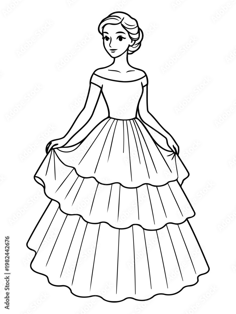 Fototapeta premium Elegant Figure in Detailed Dress: An elegant woman, gracefully posed in a layered, off-shoulder dress, her form meticulously rendered in an artful line drawing, a vision of refined grace.