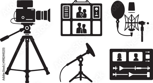 Minimalist black of photographer tripod camera and editing tools