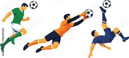 Soccer player action set, professional football athlete silhouettes, goalkeeper and striker vector illustrations