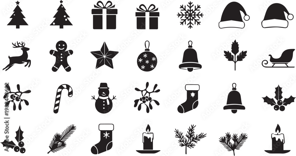 Naklejka premium Set of black vector silhouette icons featuring a Christmas tree, winter hat, star, and holiday gift symbols for a new year design collection