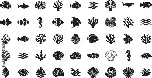 Black vector set of tree and plant silhouettes featuring floral leaf elements, ocean, sea, fish, coral, reef, shell, seahorse, turtle, snail, nautilus for design