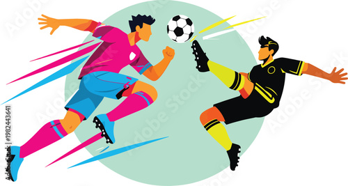 Dynamic soccer players vector illustration, professional football match action, athletic men playing soccer sports