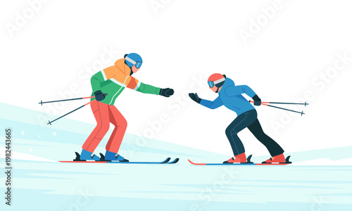 Ski Instructor and Child Student Downhill Skiing Vector Illustration