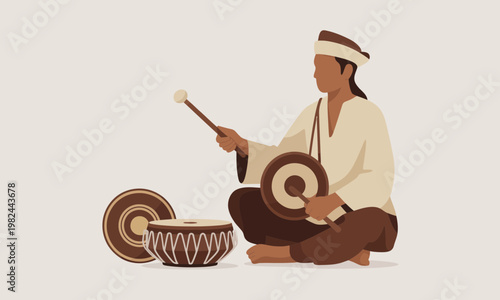 Traditional Musician Playing Gongs and Drums Illustration