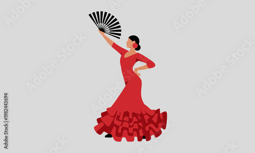 Elegant Flamenco Dancer in Red Dress with Fan Illustration