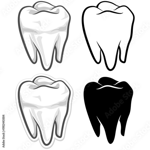 Human tooth molar vector set isolated on white, dental health care and oral hygiene symbols, detailed shaded molar, silhouette, and outline icons for professional dentistry and medical apps.