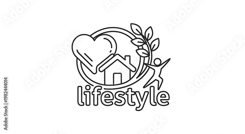 Black and white illustration heart, house, figure, leaves, encircling the word 