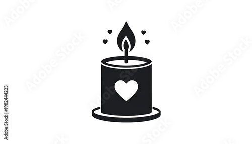 Black and white illustration of a candle with a heart on it, flames, and surrounding hearts, symbolizing love and warmth