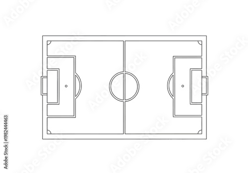 Top-down view of a soccer field, a clean line drawing of a regulation pitch with goals, center circle, and penalty areas, ideal for sports graphics and design