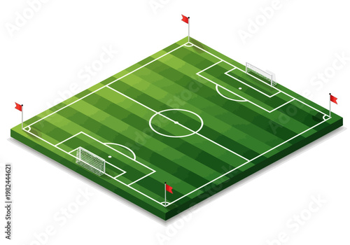 An isometric view of a soccer field with green grass, white lines, goalposts, and flags, illustrating a sports venue