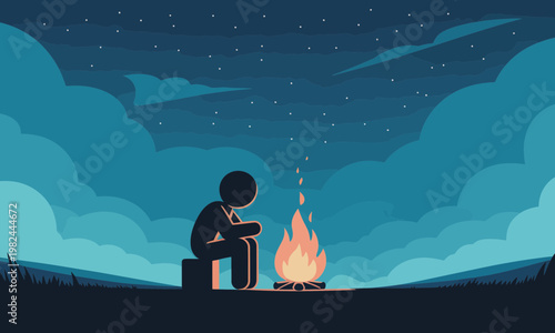 Lone Figure Sitting by Campfire Under Starry Night Sky Illustration