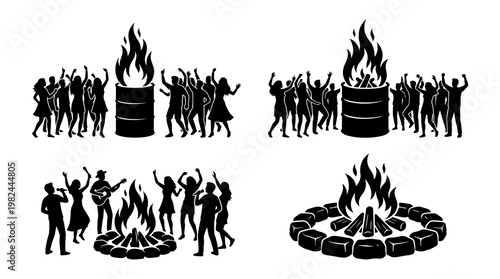 Black silhouette vector set of energetic people dancing playing music and partying around a burning barrel and stone fire pit at a night festival.