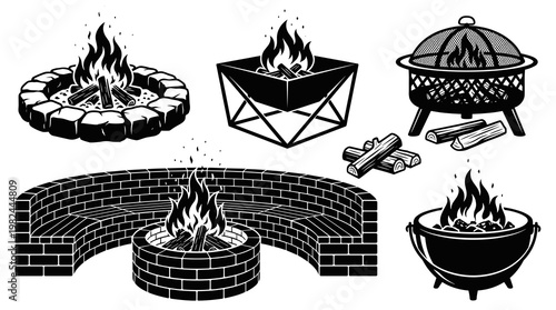 Monochrome vector set of isolated outdoor fire pit designs featuring stone rings modern metal bowls brick benches and grates for backyard heating