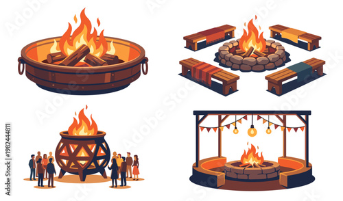 Flat vector collection of cozy outdoor fire pit areas with wooden seating decorative metal bowls gathering people and pergola with string lights