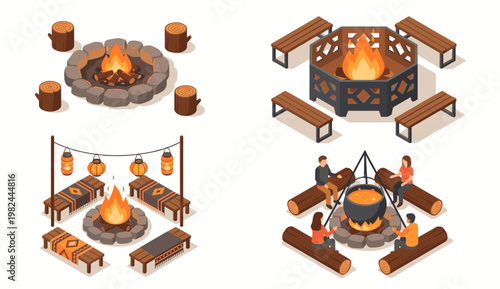 Isometric vector set of outdoor fire pit gathering areas with wooden benches stone rings cooking cauldron and string lights for camping recreation