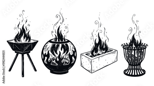 Hand drawn vintage style vector illustration set of isolated decorative outdoor fire pit designs with stylized flames for backyard heating and camping equipment