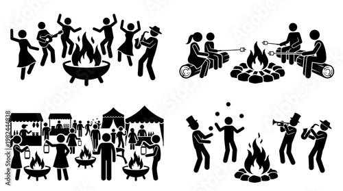 Stick figure pictogram vector icons of people dancing playing music and roasting marshmallows around a outdoor fire pit at a night festival or camping party event