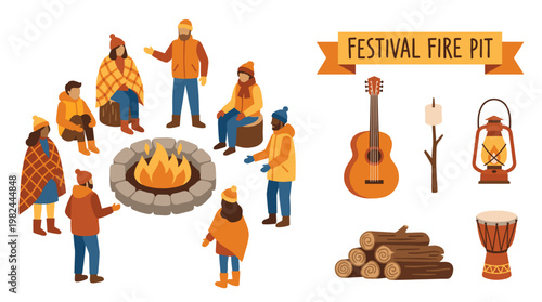 Flat vector illustration of diverse people gathering around a stone fire pit with camping elements like guitar lantern drum and logs for autumn festival celebration