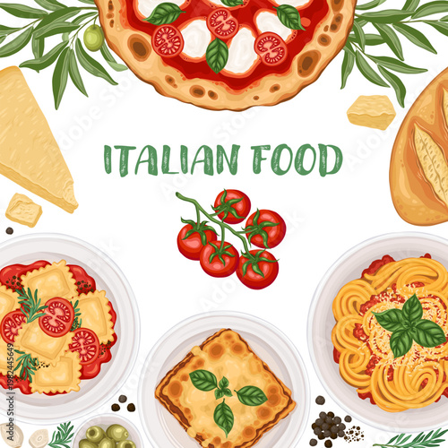Italian food card background with pizza and lasagne. Square vector hand drawn illustration for cafe menu and restaurant template. Cartoon drawing with cheese and ravioli for product packaging design.