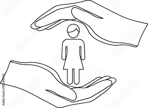 Line art illustration of a female figure protected by two hands