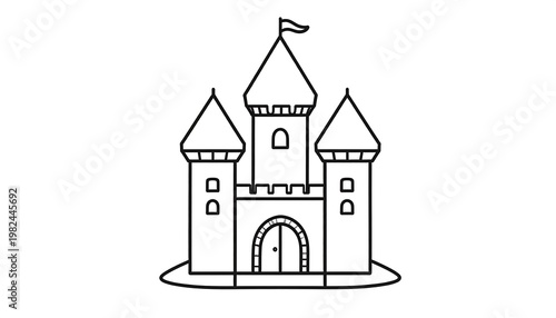 Black and white illustration of a simple castle with three towers, a flag, and an arched entrance on a white background