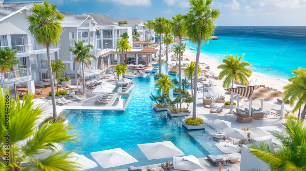 Fototapeta premium Luxury Beachfront Resort with Pool and Scenic Ocean Views Under Clear Sky