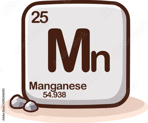 illustration of manganese chemical element from the periodic table with symbol Mn and atomic number 25. 