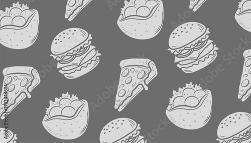 Food Pattern Design. Mixed Snack Illustration Set. Fast Food seamless And Pastry Motif. Handdrawn Monochrome Style. Background For Packaging Textile.