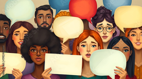 Diverse Multi-ethnic Group Holding Blank Speech Bubbles for Community Communication