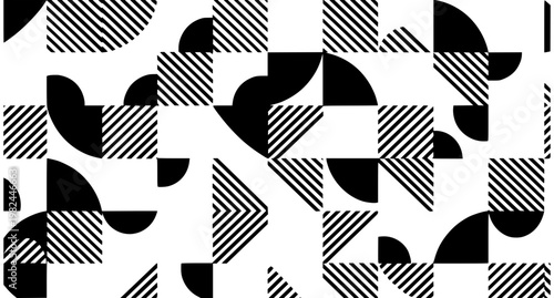 Minimal seamless vector pattern with scattered geometric striped shapes and semicircle elements in modern abstract tile composition for clean background design