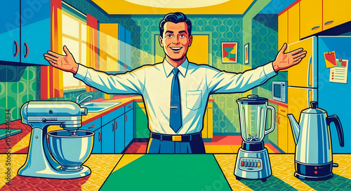 Cheerful Man Presenting Retro Kitchen Appliances in Vibrant Pop Art Style
