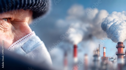 Industrial Worker Wearing Protective Mask Against Pollution and Smoke Hazards