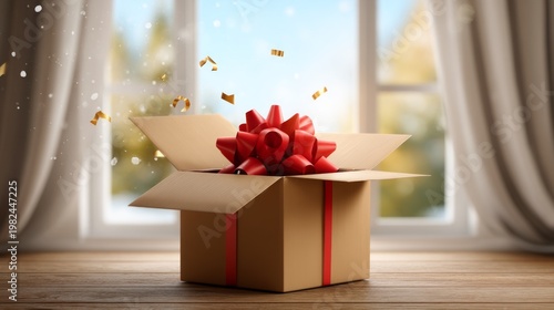 Festive Gift Box Opened Near Window with Sheer Curtains and Sparkling Confetti