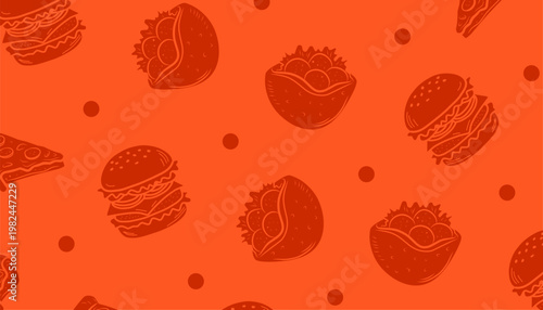 Food Pattern Design. Mixed Snack Illustration Set. Fast Food seamless And Pastry Motif. Handdrawn Monochrome Style. Background For Packaging Textile.