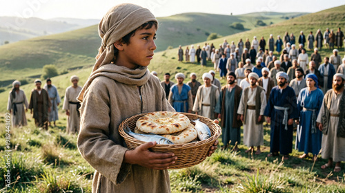 Jesus blesses five loaves and two fish, feeding thousands with divine grace.