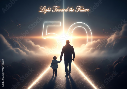Touching father's day image a son and father walk towards the light symbolizing love and guidance