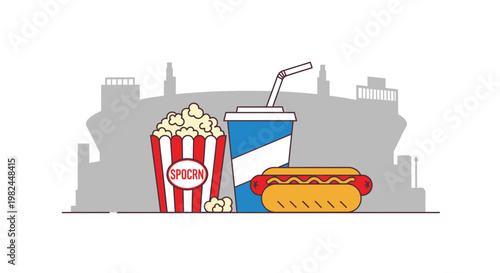 Movie Night Popcorn, Hot Dog, and Soda with City Skyline Background