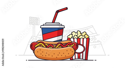 Movie Night Snack: Hot Dog, Popcorn, and Soda Drink with Stadium Background