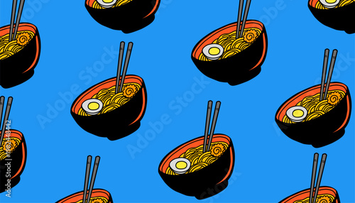 Ramen Pattern Design. Japanese Noodle Bowl seamless Illustration. Detailed Toppings Food Motif. Handdrawn Culinary Style. Background For Packaging Branding.