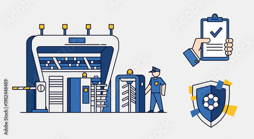 Security checkpoint, turnstile, guard, clipboard with checkmark, shield icon, access control