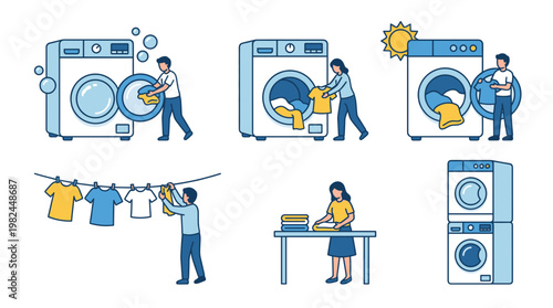 Flat Vector Set of People Doing Laundry, Men and Women Loading Washer, Using Dryer, Hanging Clothes, and Folding Garments on Table